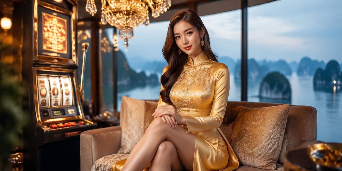 Người chơi mặc áo dài trải nghiệm slot game tại vùng Hạ Long Bay